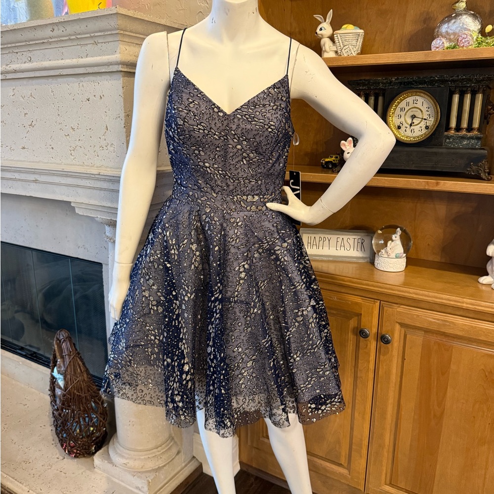 Jovani Navy Blue Glitter Embellished Evening Dress